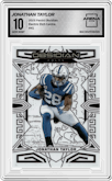 Jonathan Taylor from the 2023 Panini Obsidian set featuring a Electric Etch Contra parallel graded by Arena Club and given an overall grade of 10.