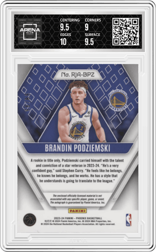 Brandin Podziemski from the 2023-24 Panini Phoenix set featuring a Purple parallel graded by Arena Club and given an overall grade of 9.5.