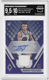 Brandin Podziemski from the 2023-24 Panini Phoenix set featuring a Purple parallel graded by Arena Club and given an overall grade of 9.5.