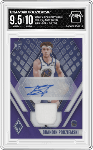 Brandin Podziemski from the 2023-24 Panini Phoenix set featuring a Purple parallel graded by Arena Club and given an overall grade of 9.5.