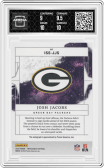 Josh Jacobs from the 2024 Panini Impeccable set featuring a Silver parallel and given an overall grade of 9.5.