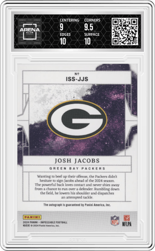 Josh Jacobs from the 2024 Panini Impeccable set featuring a Silver parallel graded by Arena Club and given an overall grade of 9.5.