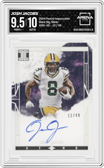 Josh Jacobs from the 2024 Panini Impeccable set featuring a Silver parallel and given an overall grade of 9.5.