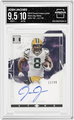 Josh Jacobs from the 2024 Panini Impeccable set featuring a Silver parallel graded by Arena Club and given an overall grade of 9.5.