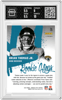 Brian Thomas Jr. from the 2024 Donruss Optic set graded by Arena Club and given an overall grade of 9.5.