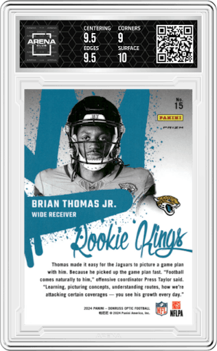 Brian Thomas Jr. from the 2024 Donruss Optic set graded by Arena Club and given an overall grade of 9.5.