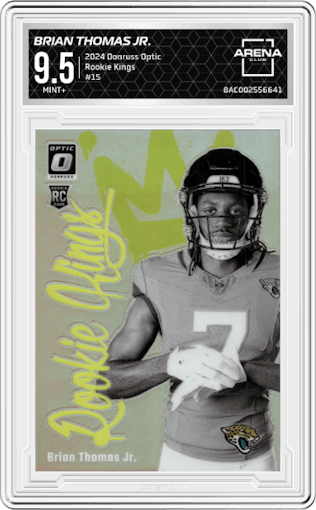 Brian Thomas Jr. from the 2024 Donruss Optic set graded by Arena Club and given an overall grade of 9.5.