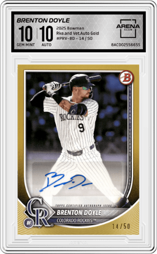 Brenton Doyle from the 2025 Bowman set featuring a Gold parallel graded by Arena Club and given an overall grade of 10.