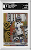 Justin Jefferson from the 2022 Panini Contenders Optic set featuring a Gold parallel graded by Arena Club and given an overall grade of 9.5.