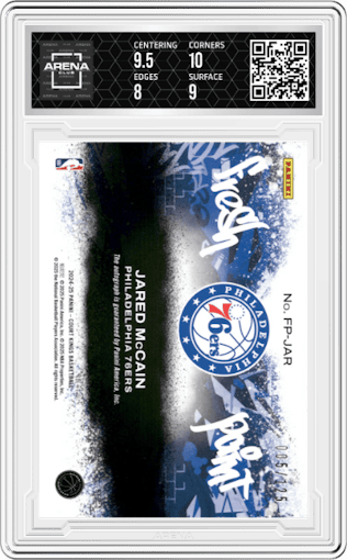 Jared McCain from the 2024-25 Panini Court Kings set graded by Arena Club and given an overall grade of 8.5.