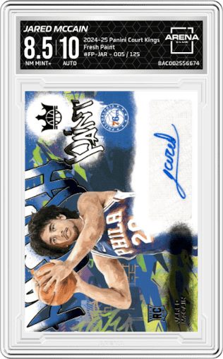Jared McCain from the 2024-25 Panini Court Kings set graded by Arena Club and given an overall grade of 8.5.