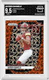 Jayden Daniels from the 2024 Panini Prizm set featuring a Lazer Prizm parallel graded by Arena Club and given an overall grade of 9.5.