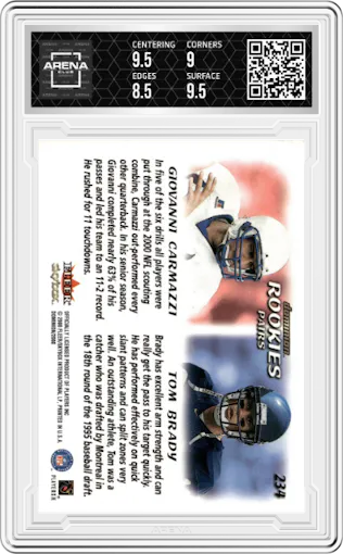 Giovanni Carmazzi/Tom Brady from the 2000 Skybox Dominion set graded by Arena Club and given an overall grade of 9.