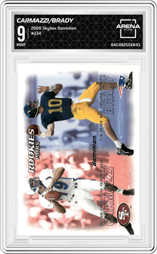 Giovanni Carmazzi/Tom Brady from the 2000 Skybox Dominion set graded by Arena Club and given an overall grade of 9.