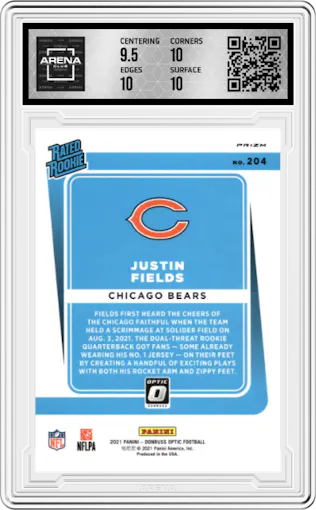 Justin Fields from the 2021 Panini Donruss Optic set featuring a Holo parallel graded by Arena Club and given an overall grade of 10.
