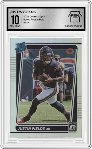 Justin Fields from the 2021 Panini Donruss Optic set featuring a Holo parallel graded by Arena Club and given an overall grade of 10.
