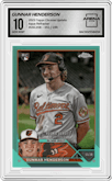 Gunnar Henderson from the 2023 Topps Chrome Update set featuring a Aqua Refractor parallel graded by Arena Club and given an overall grade of 10.