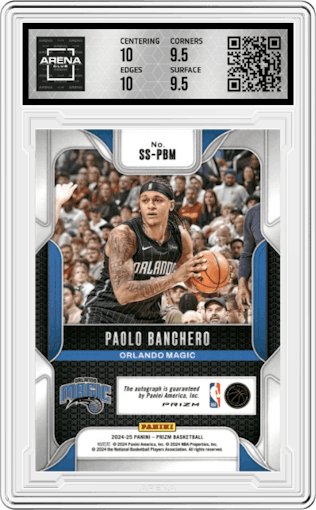 Paolo Banchero from the 2024-25 Panini Prizm set graded by Arena Club and given an overall grade of 10.