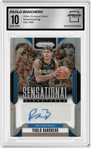 Paolo Banchero from the 2024-25 Panini Prizm set graded by Arena Club and given an overall grade of 10.