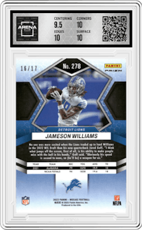 Jameson Williams from the 2022 Panini Mosaic set featuring a Gold Wave parallel graded by Arena Club and given an overall grade of 10.