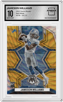 Jameson Williams from the 2022 Panini Mosaic set featuring a Gold Wave parallel graded by Arena Club and given an overall grade of 10.