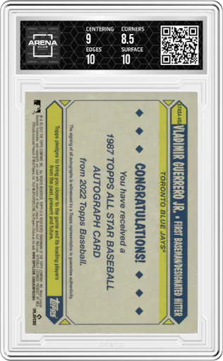 Vladimir Guerrero Jr. from the 2022 Topps Update  set graded by Arena Club and given an overall grade of 9.