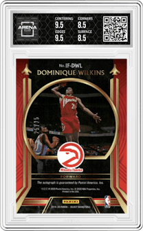 Dominique Wilkins from the 2019-20 Panini Select set featuring a Tie-Dye parallel and given an overall grade of 9.