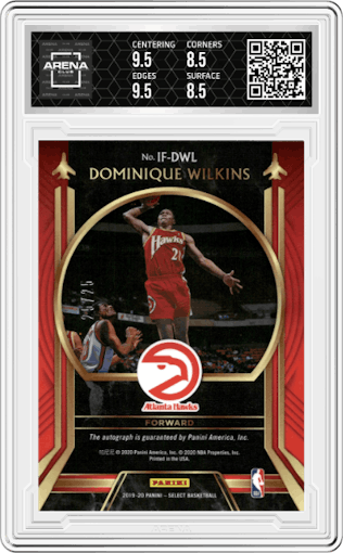 Dominique Wilkins from the 2019-20 Panini Select set featuring a Tie-Dye parallel graded by Arena Club and given an overall grade of 9.