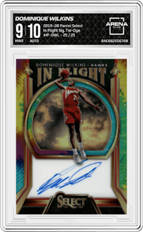 Dominique Wilkins from the 2019-20 Panini Select set featuring a Tie-Dye parallel and given an overall grade of 9.