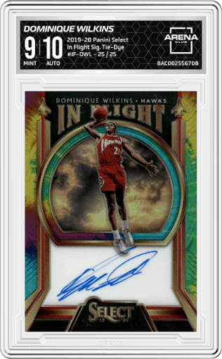 Dominique Wilkins from the 2019-20 Panini Select set featuring a Tie-Dye parallel graded by Arena Club and given an overall grade of 9.