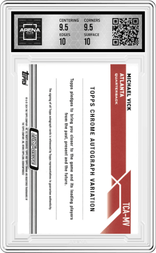 Michael Vick  from the 2023 Topps Composite set featuring a Gold Refractor parallel graded by Arena Club and given an overall grade of 10.