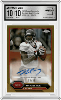 Michael Vick  from the 2023 Topps Composite set featuring a Gold Refractor parallel and given an overall grade of 10.