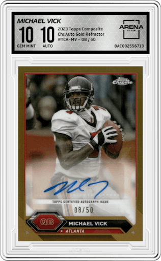 Michael Vick  from the 2023 Topps Composite set featuring a Gold Refractor parallel graded by Arena Club and given an overall grade of 10.