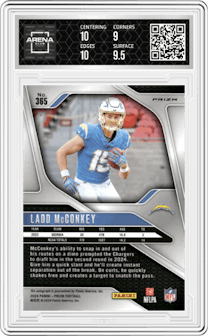 Ladd McConkey from the 2024 Panini Prizm set featuring a Pink Prizm parallel graded by Arena Club and given an overall grade of 9.5.
