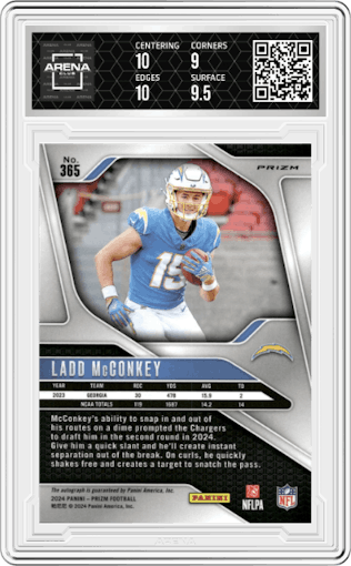 Ladd McConkey from the 2024 Panini Prizm set featuring a Pink Prizm parallel graded by Arena Club and given an overall grade of 9.5.
