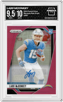Ladd McConkey from the 2024 Panini Prizm set featuring a Pink Prizm parallel graded by Arena Club and given an overall grade of 9.5.