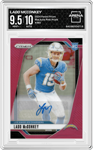 Ladd McConkey from the 2024 Panini Prizm set featuring a Pink Prizm parallel graded by Arena Club and given an overall grade of 9.5.
