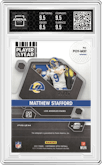 Matthew Stafford from the 2021 Panini Contenders Optic set featuring a Green Pulsar parallel graded by Arena Club and given an overall grade of 9.