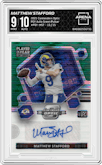Matthew Stafford from the 2021 Panini Contenders Optic set featuring a Green Pulsar parallel graded by Arena Club and given an overall grade of 9.