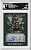 Eric Dickerson from the 2022 Panini Obsidian set featuring a Electric Etch Green parallel graded by Arena Club and given an overall grade of 9.5.