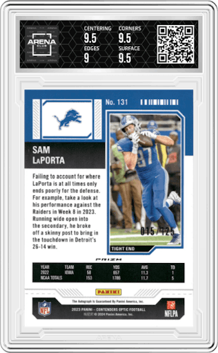 Sam LaPorta from the 2023 Panini Contenders Optic set featuring a Red parallel graded by Arena Club and given an overall grade of 9.5.