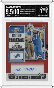 Sam LaPorta from the 2023 Panini Contenders Optic set featuring a Red parallel graded by Arena Club and given an overall grade of 9.5.