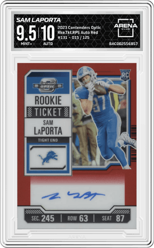 Sam LaPorta from the 2023 Panini Contenders Optic set featuring a Red parallel graded by Arena Club and given an overall grade of 9.5.