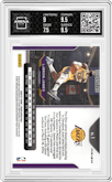 LeBron James from the 2020-21 Panini Prizm set featuring a Ruby Wave parallel graded by Arena Club and given an overall grade of 8.