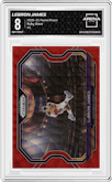 LeBron James from the 2020-21 Panini Prizm set featuring a Ruby Wave parallel graded by Arena Club and given an overall grade of 8.