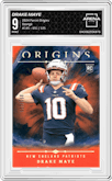 Drake Maye from the 2024 Panini Origins set featuring a Orange parallel graded by Arena Club and given an overall grade of 9.