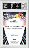 Ladd McConkey from the 2024 Topps Chrome set featuring a Blue Refractor parallel graded by Arena Club and given an overall grade of 9.