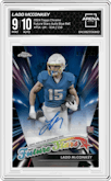 Ladd McConkey from the 2024 Topps Chrome set featuring a Blue Refractor parallel graded by Arena Club and given an overall grade of 9.