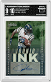 LaDainian Tomlinson from the 2023 Panini Absolute set featuring a Green parallel graded by Arena Club and given an overall grade of 9.