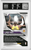 LeBron James from the 2024-25 Panini Prizm set featuring a Blue Prizm parallel graded by Arena Club and given an overall grade of 9.5.